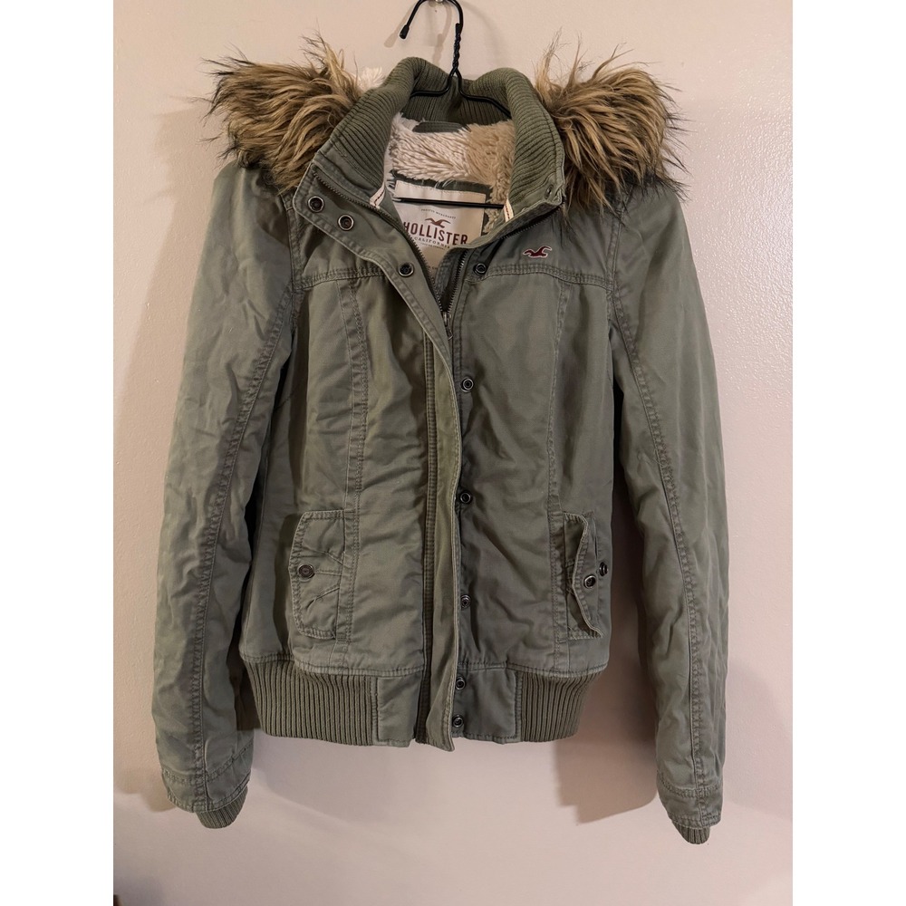Y2K Hollister Olive Green Sherpa Lined Bomber Jacket Faux Fur Hood Womens Medium